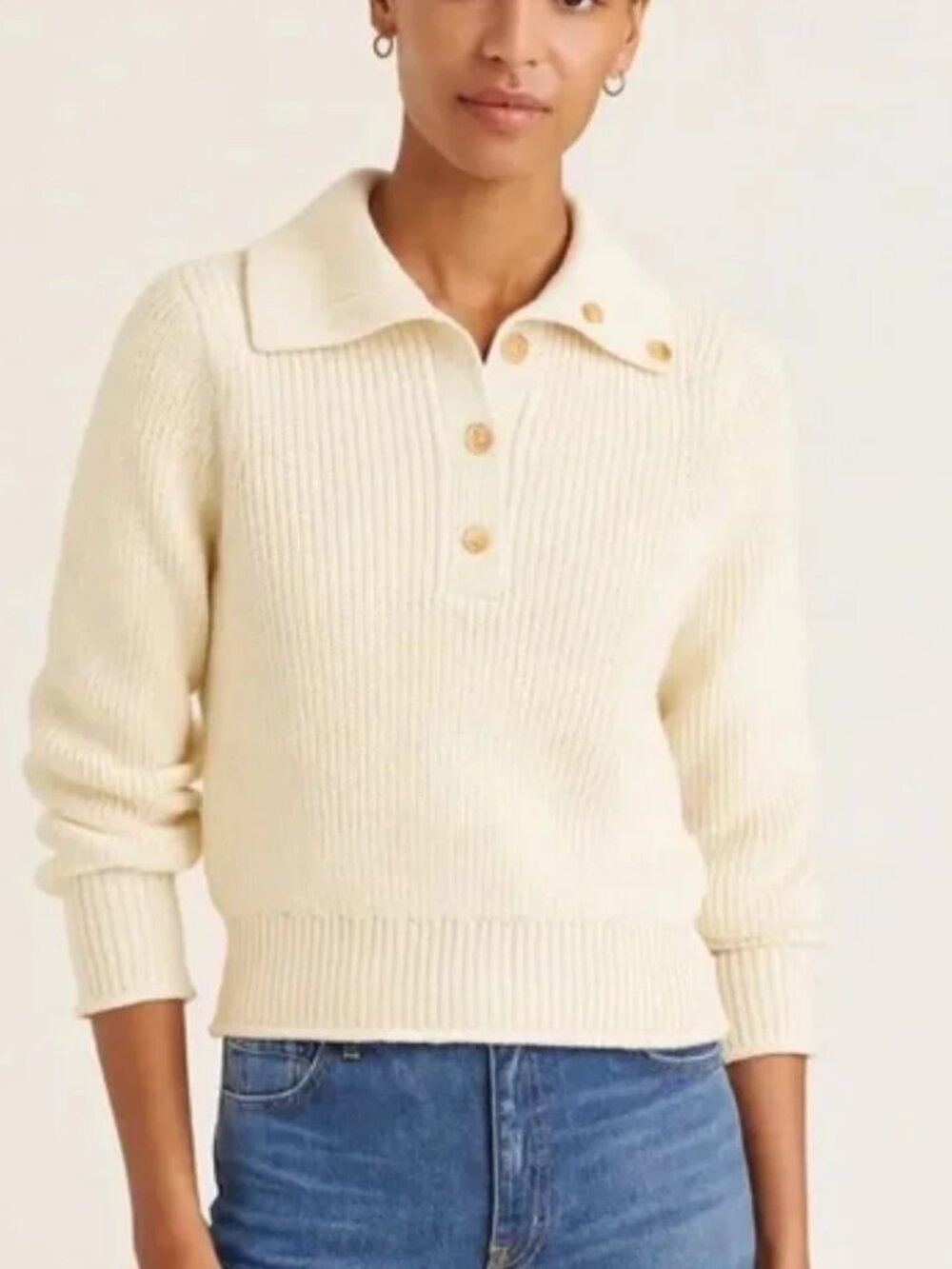 NEW J.Crew Cream Cotton Ribbed Gold Button Collar Sweater Size M